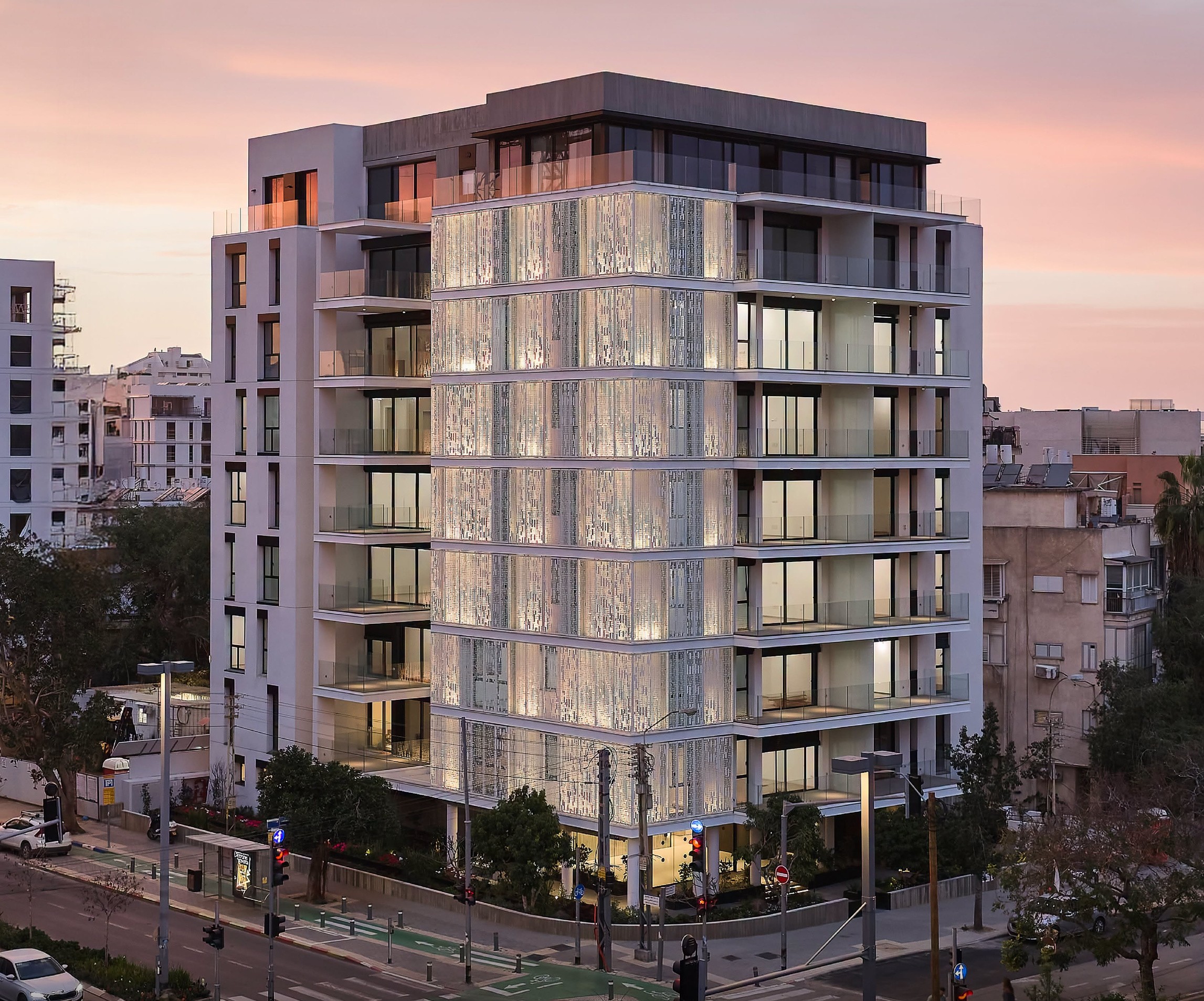 A residential building in Tel Aviv at dusk